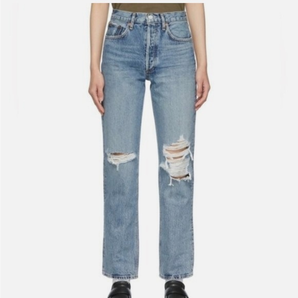 Agolde Lana Blue Distressed Straight Leg Jeans - Picture 1 of 5